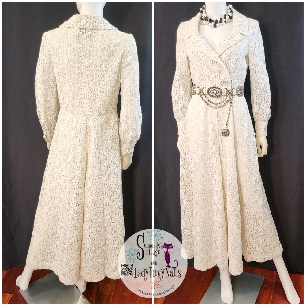 1960s Addie Masters Mod White Lace Palazzo Pants Jumpsuit Dress Hostess M/L